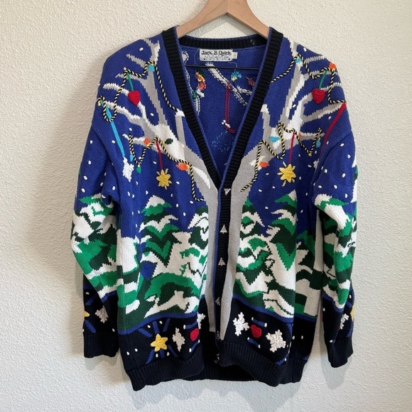 VTG 90s Jack B Quick Womens L All Over Christmas Print Sweater Knit Tree Snow - Picture 1 of 7
